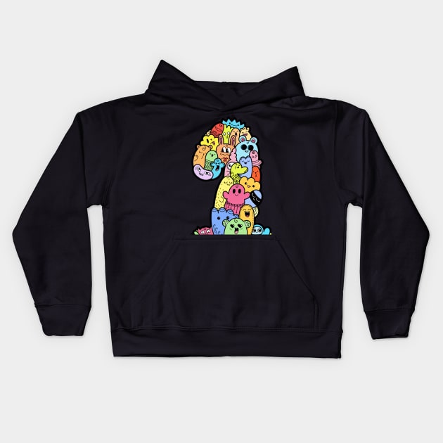 Number 1 one - Funny and Colorful Cute Monster Creatures Kids Hoodie by funwithletters